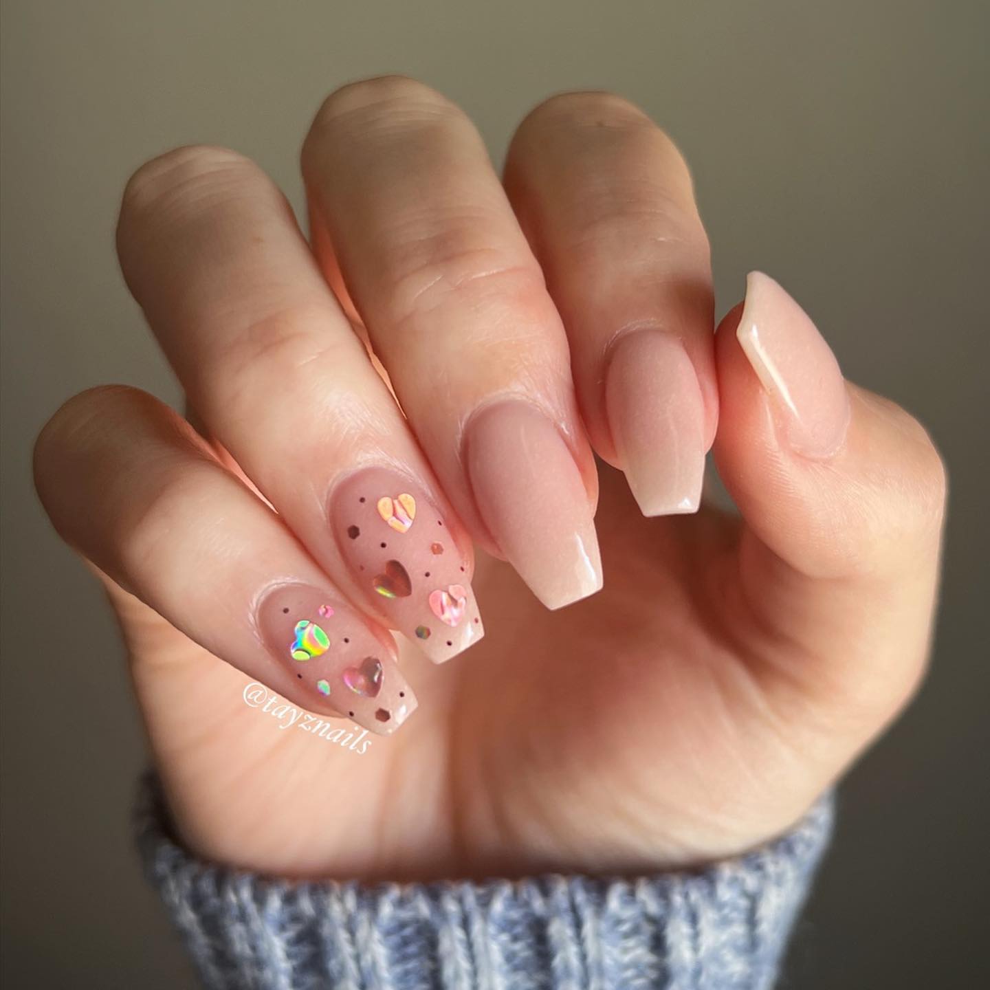 Nude Short Coffin Nails with Glitter