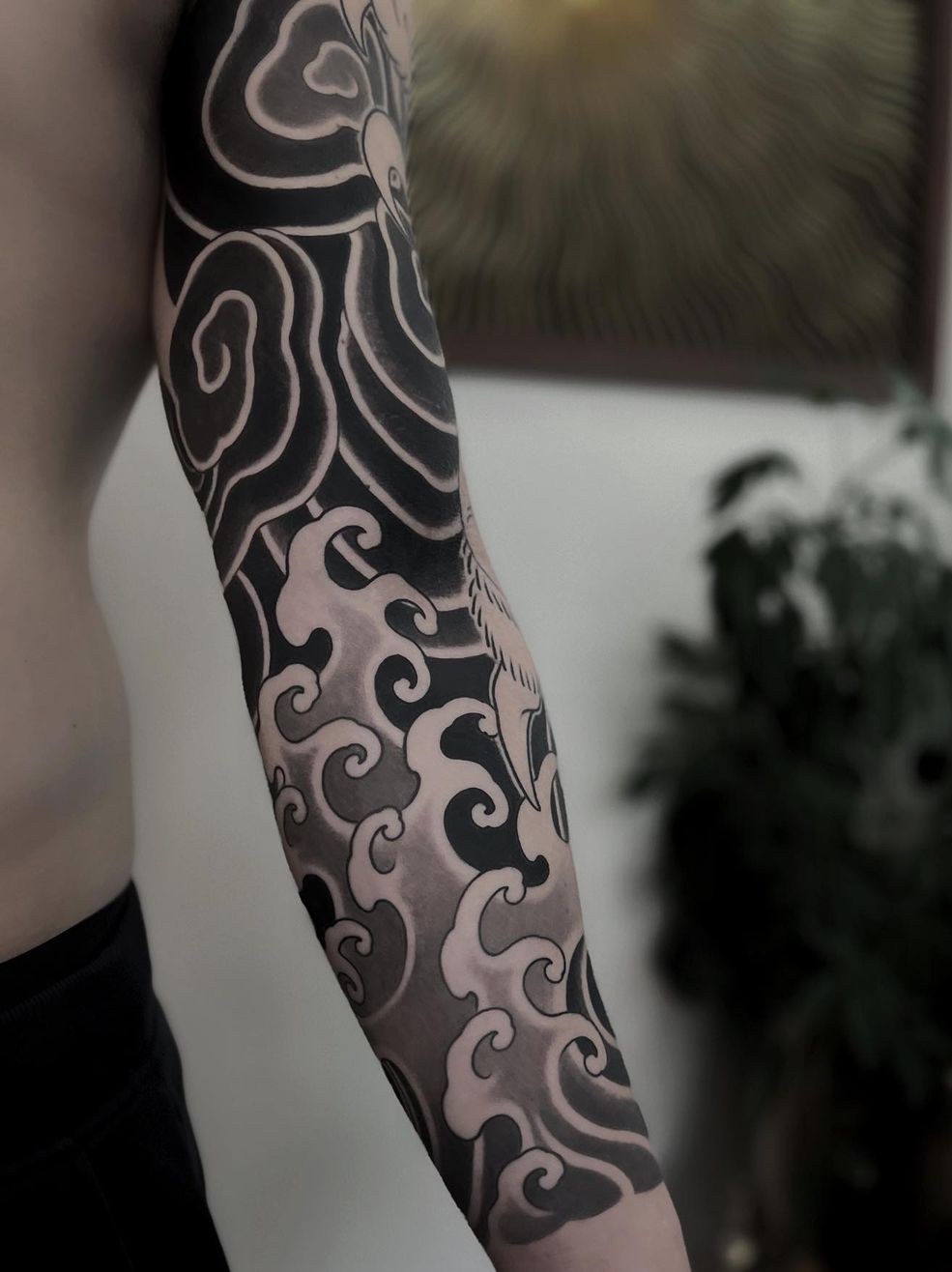 Black and White Japanese Wave Tattoo on Arm