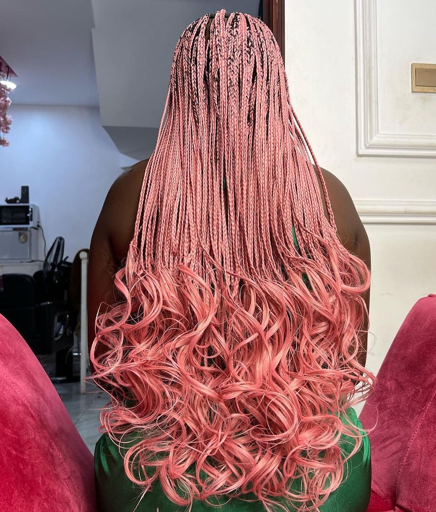 Pink Micro Braids on Long Naturally Black Hair