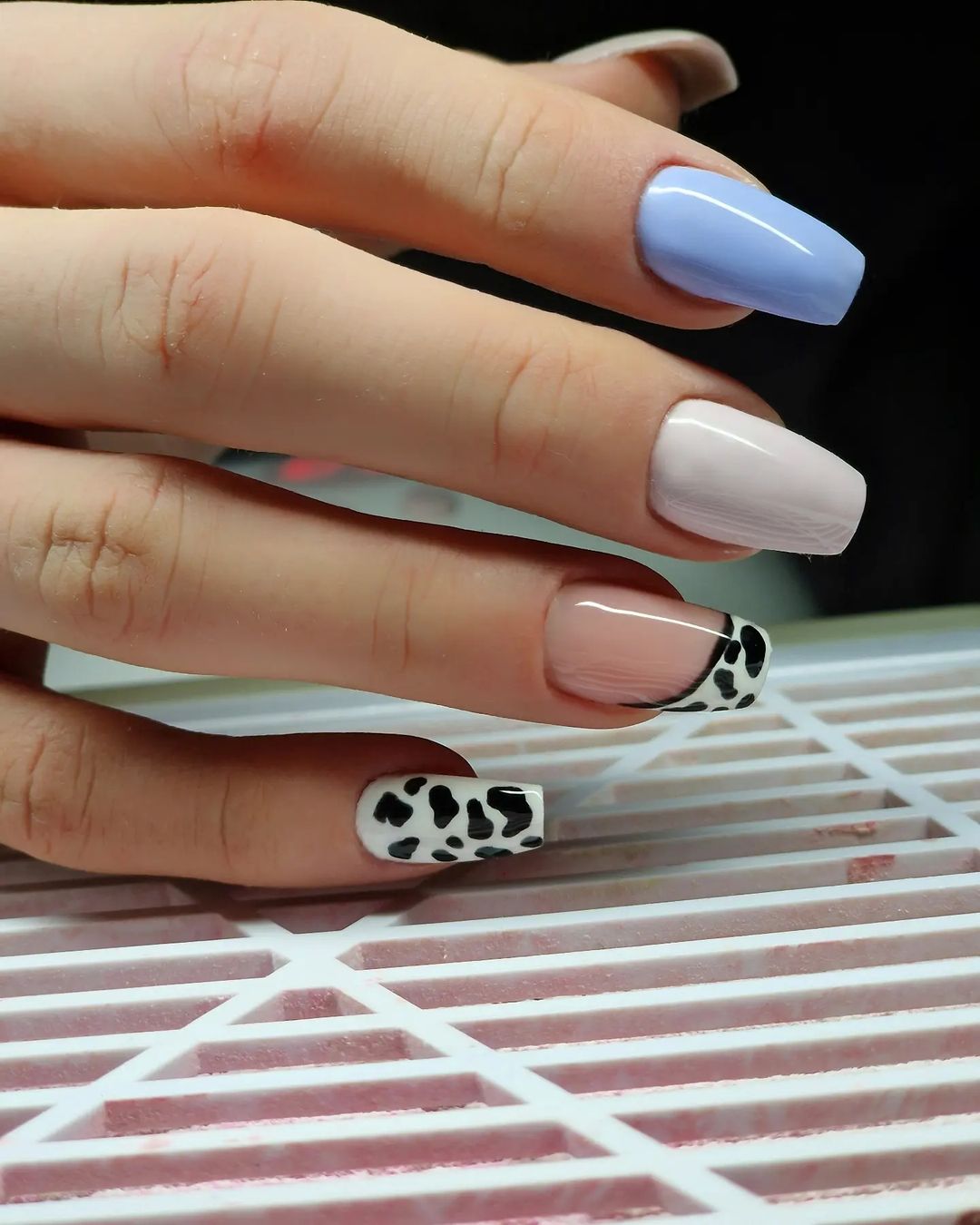 Short Coffin Nails with Black and White Cow Print
