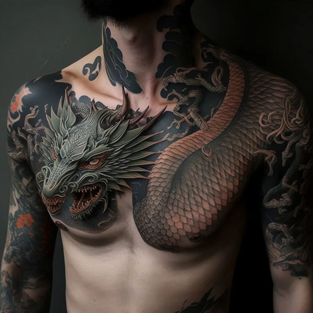 Japanese Dragon Tattoo on Chest