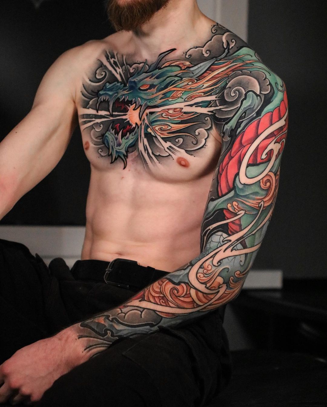 Japanese Dragon Tattoo on Arm and Chest