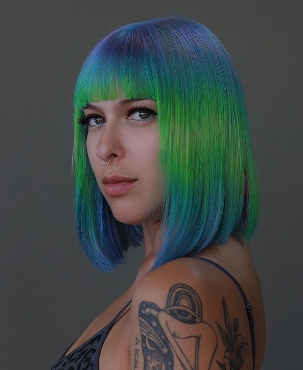 Blue Green Ombre with Bang on Bob Cut