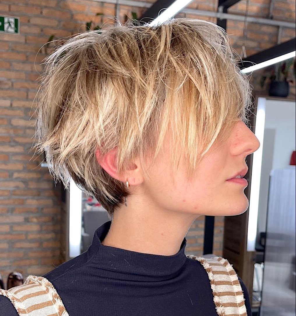 Pixie with Long Side Bang on Blonde Hair