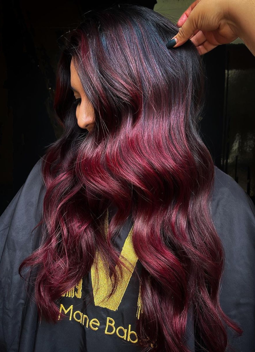Black Long Hair with Ruby Red Highlights