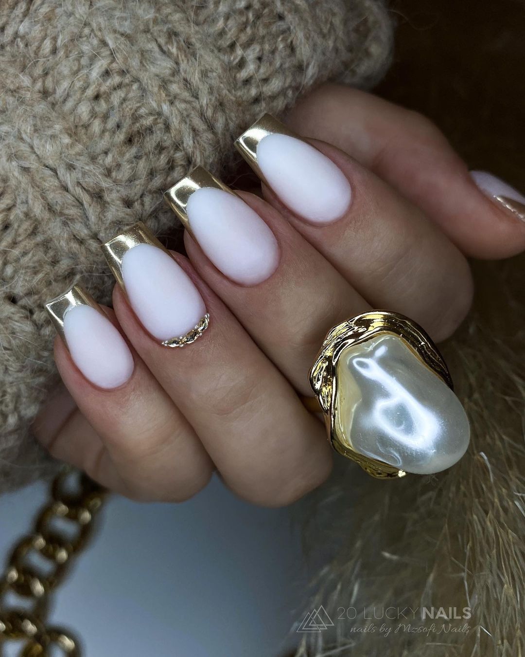 White Matte Nails with Glossy Gold Tips