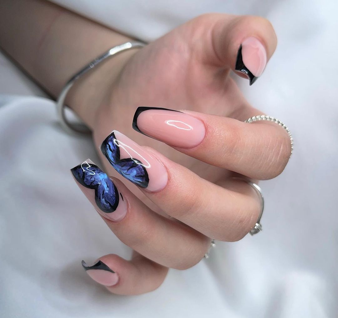 Butterfly Design on Nude Coffin Nails