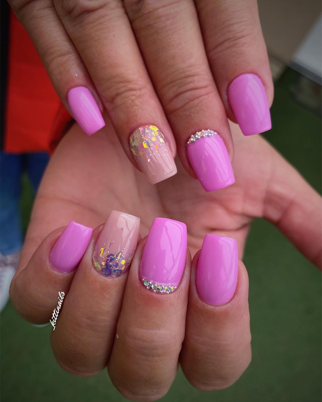 Short Pink Coffin Nails with Glitter and Rhinestones