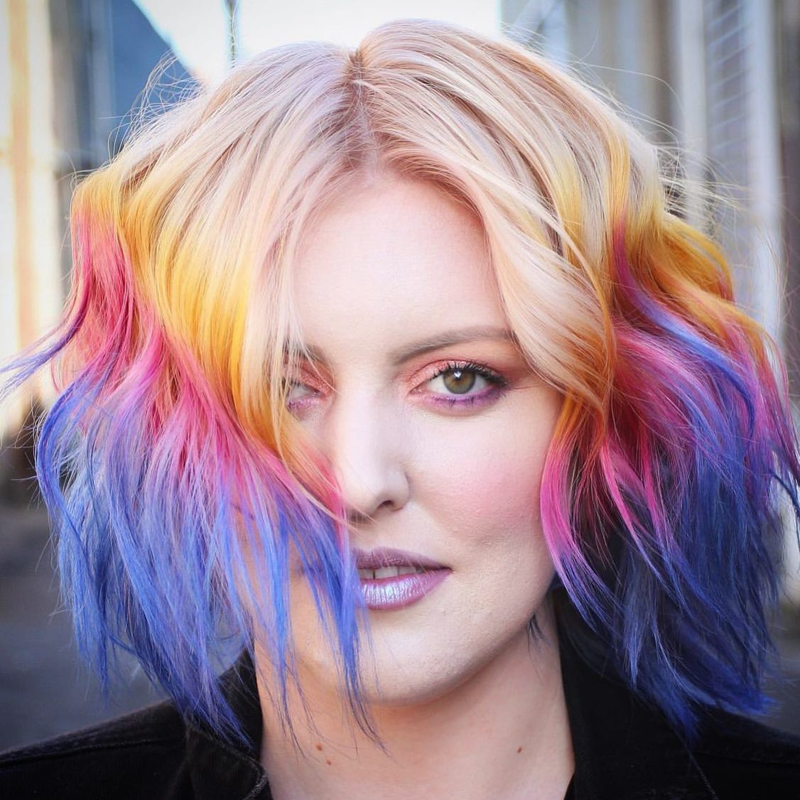Short Rainbow Ombre Hair with Blue Ends