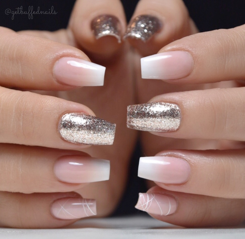Nude to White French Ombre with Glitter