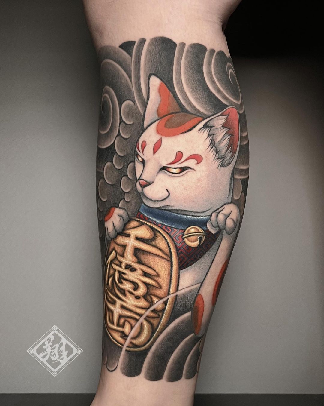 Japanese Cat Tattoo on Leg