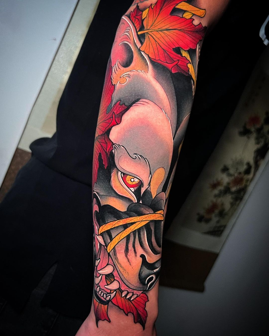 Colorful Japanese Wolf on Whole Arm