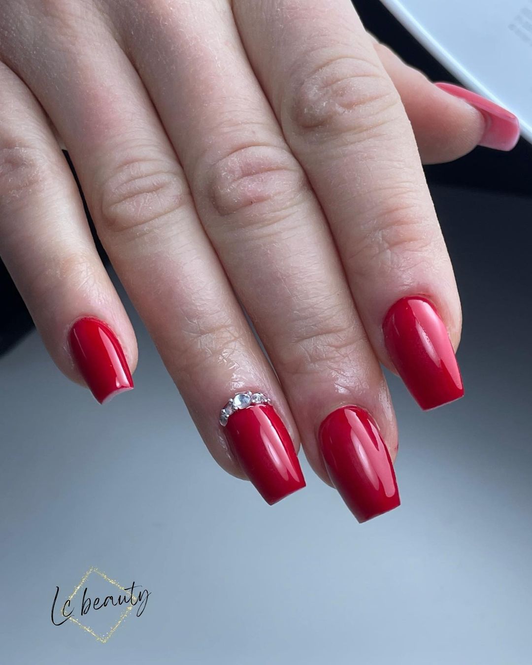 Red Coffin Nails with Rhinestone