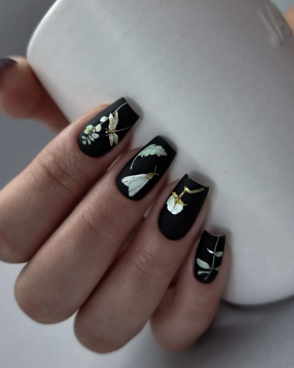 Short Matte Black Coffin Nails with White Flowers and Insects