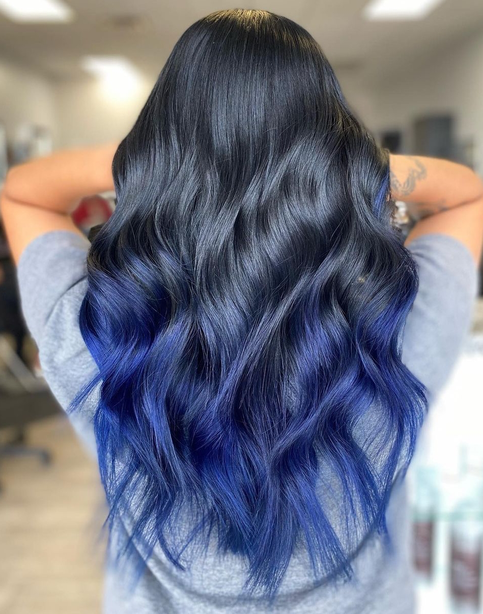 Long Wavy Black to Blue Ombre Hair