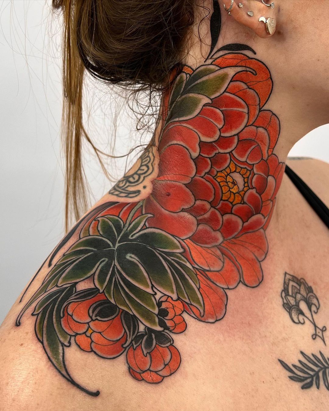 Red Japanese Flower Tattoo on Neck