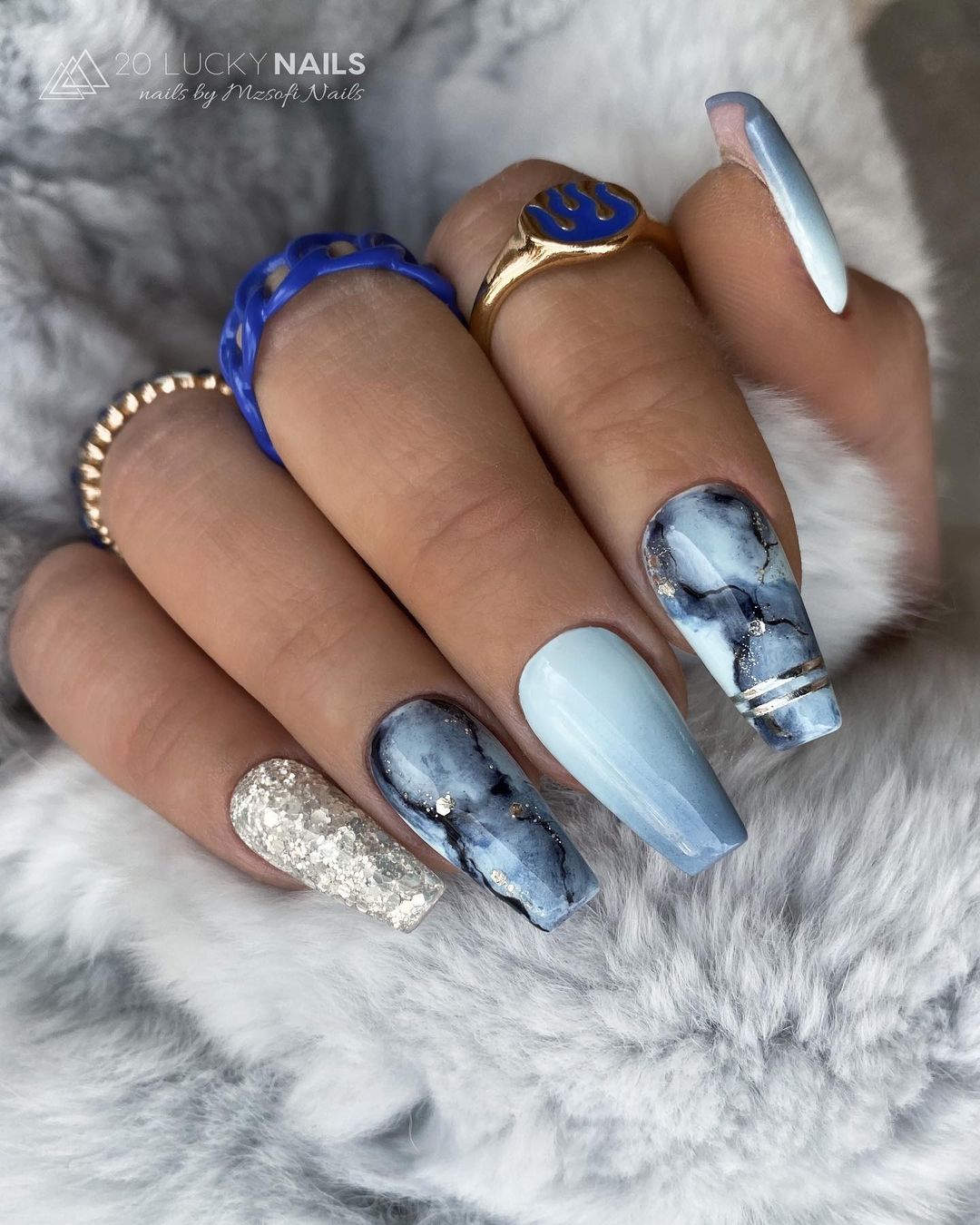 Grey Coffin Acrylic Nails with Marble Design