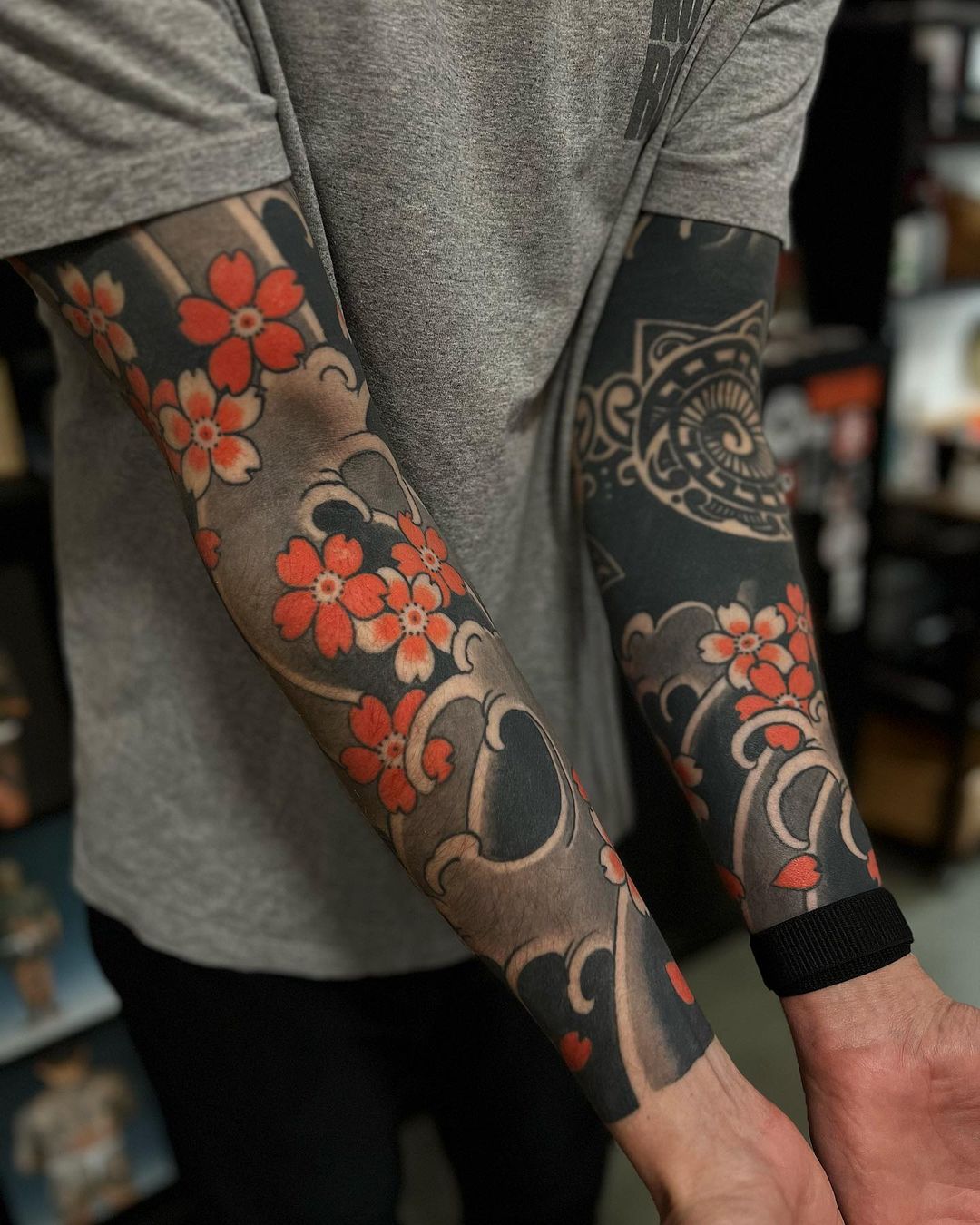 Red Flowers Tattoo on Both Arms