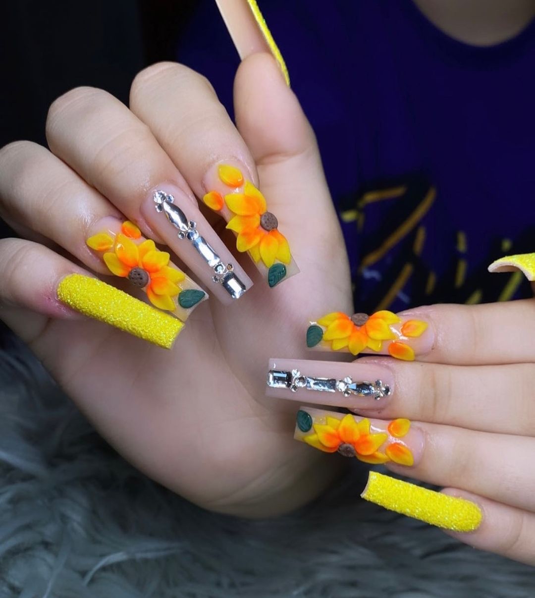 Long Square Neon Sunflower Nails