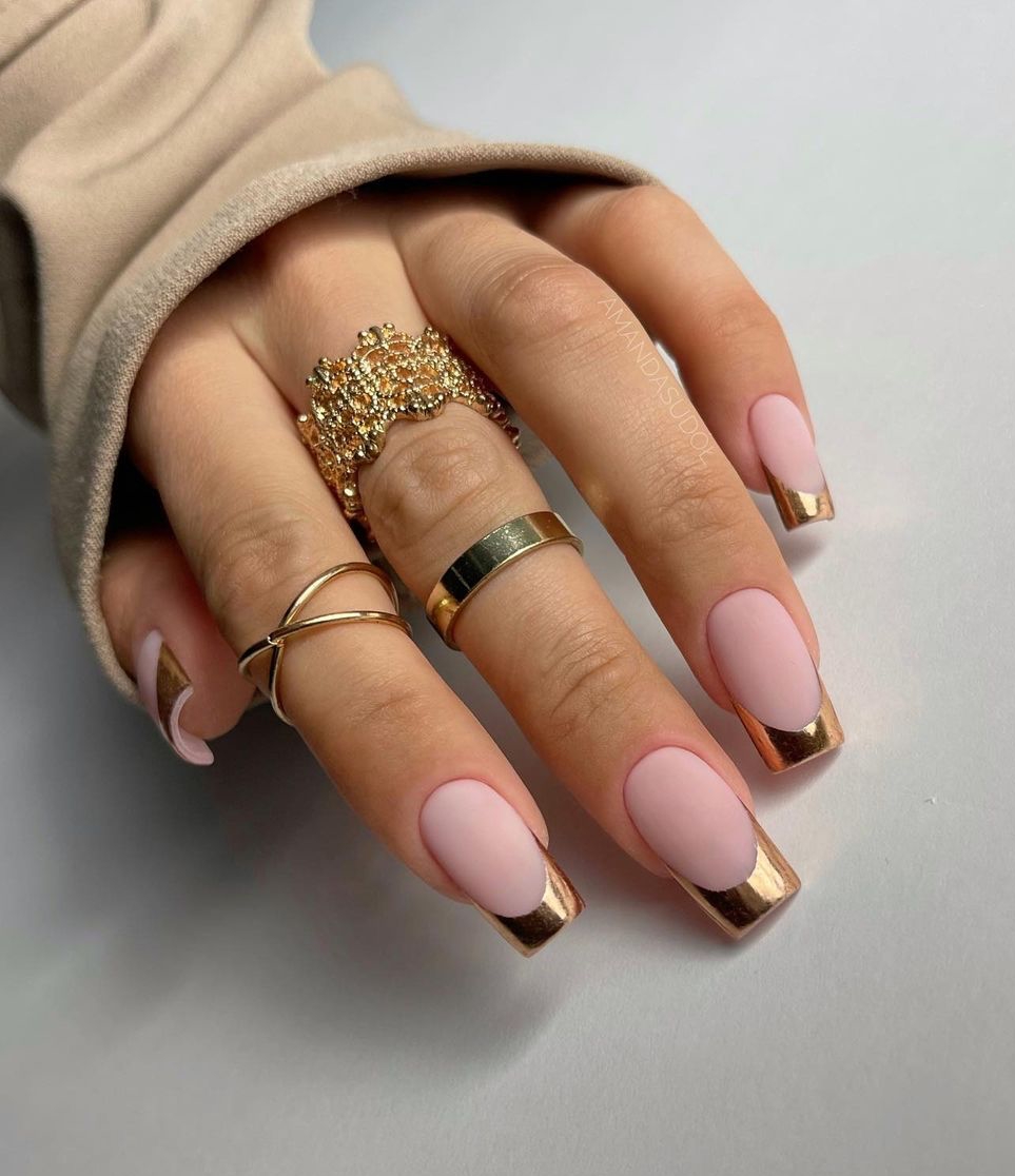 Nude Matte Nails with French Gold Tips