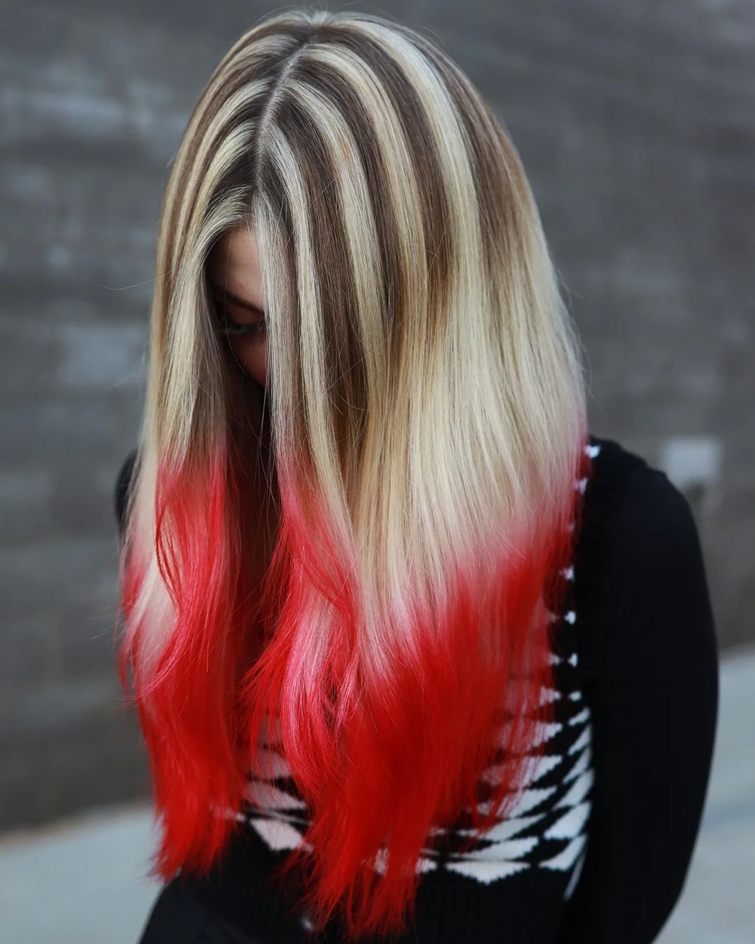 Long Straight Blonde Hair with Red Ends