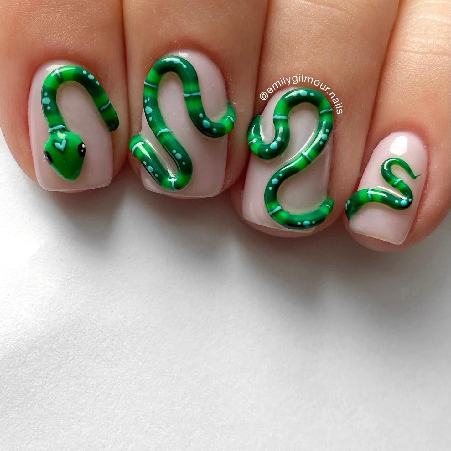 Short Nude Nails with 3D Snake Design