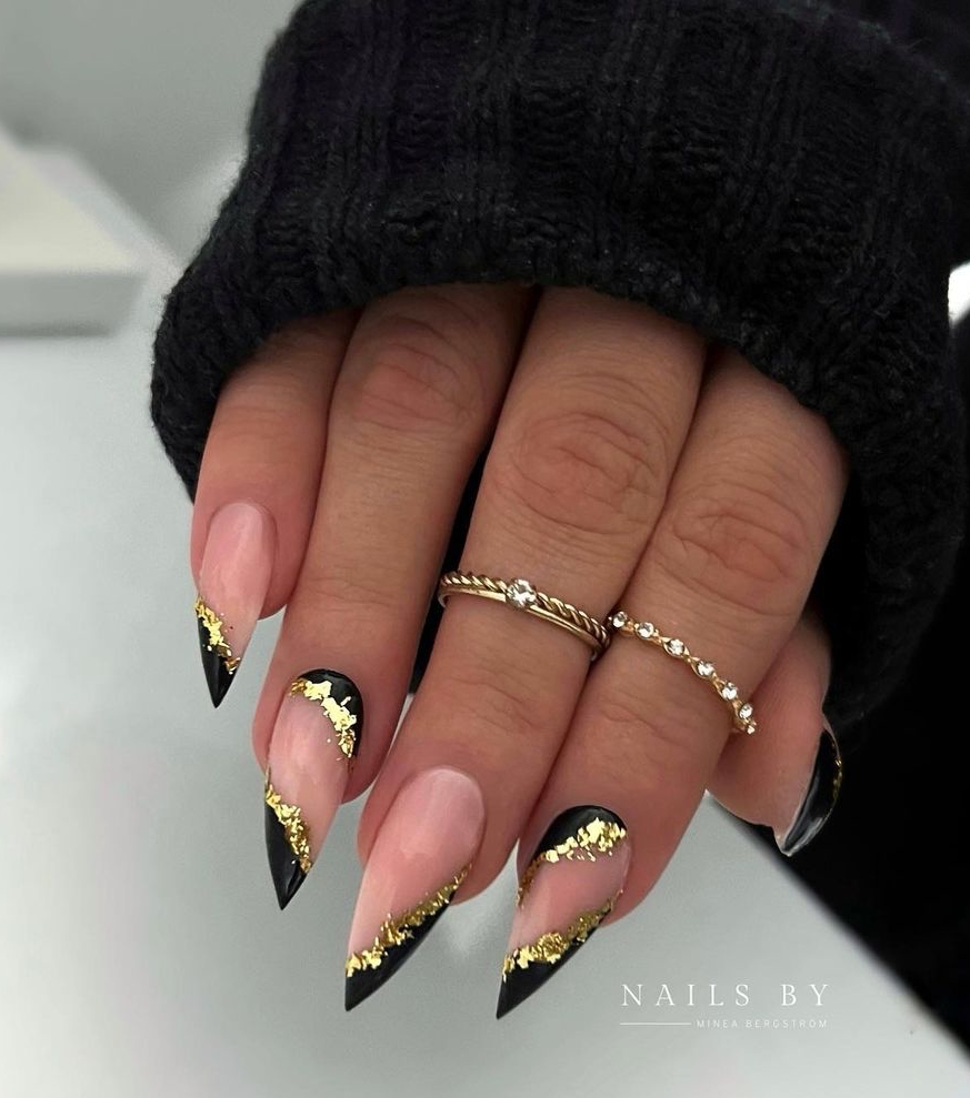 Stiletto Black and Nude Nail Design with Gold Foil