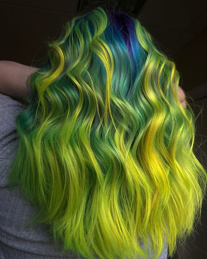 Green to Yellow Balayage on Wavy Hair