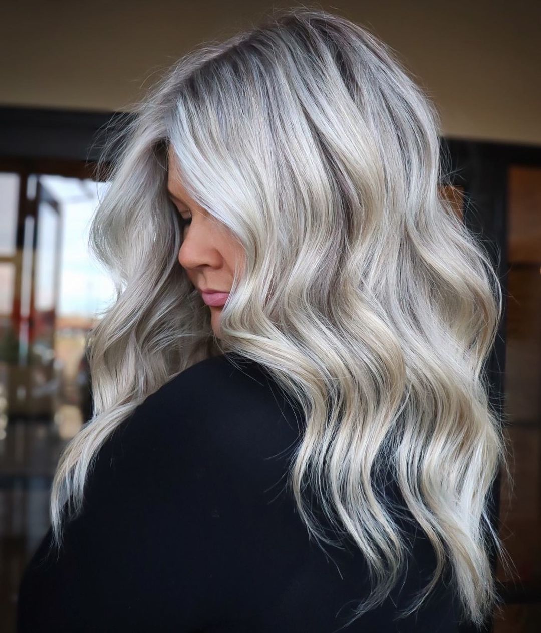 Silver Ash Blonde with Dark Roots on Long Hair