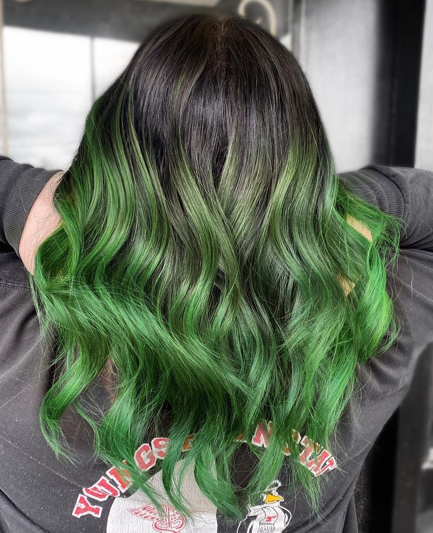 Green Shoulder Length Hair with Dark Roots