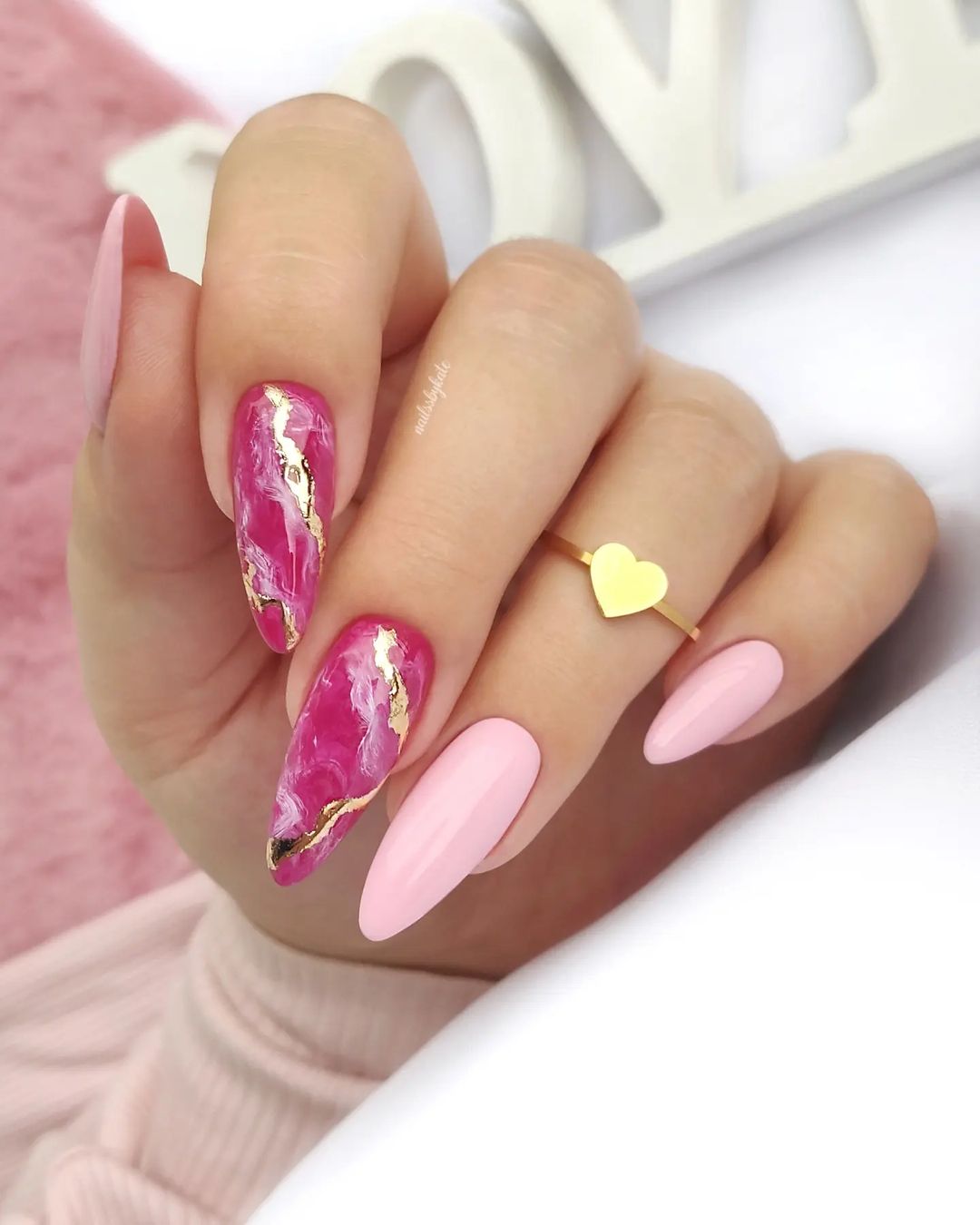 Summer Pink and Gold Marble Nails