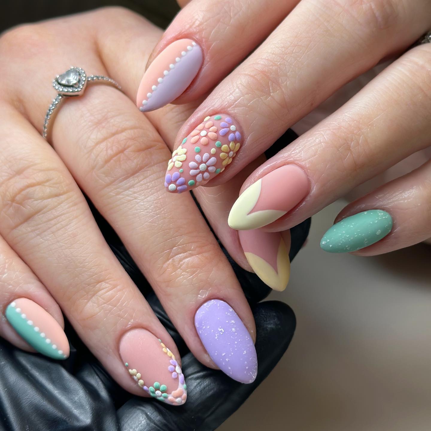 Almond Matte Nails with 3D Flowers