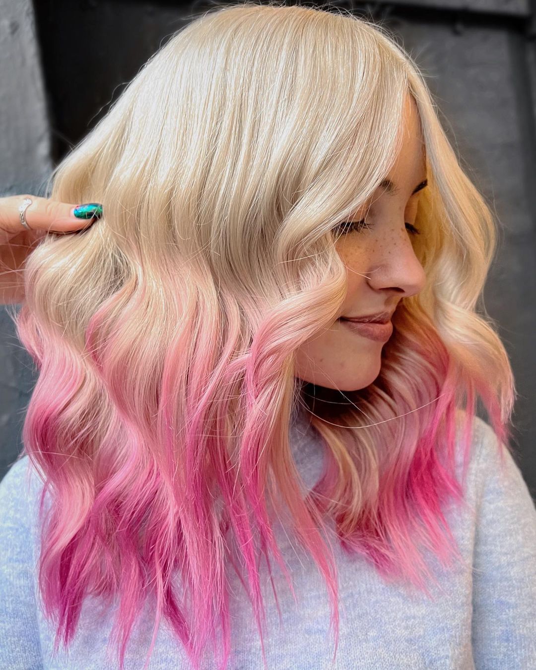 Blonde to Pink Reverse Ombre on Long Bob Cut