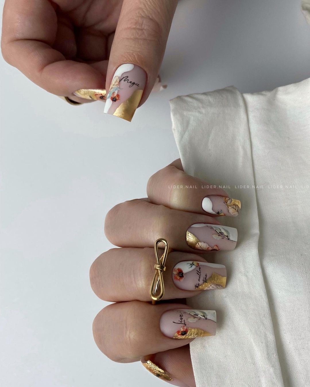 Matte Gold Nails with Flowers