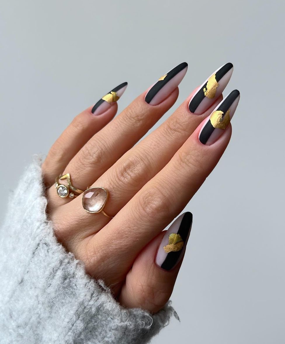 Black and Gold Matte Nail Design