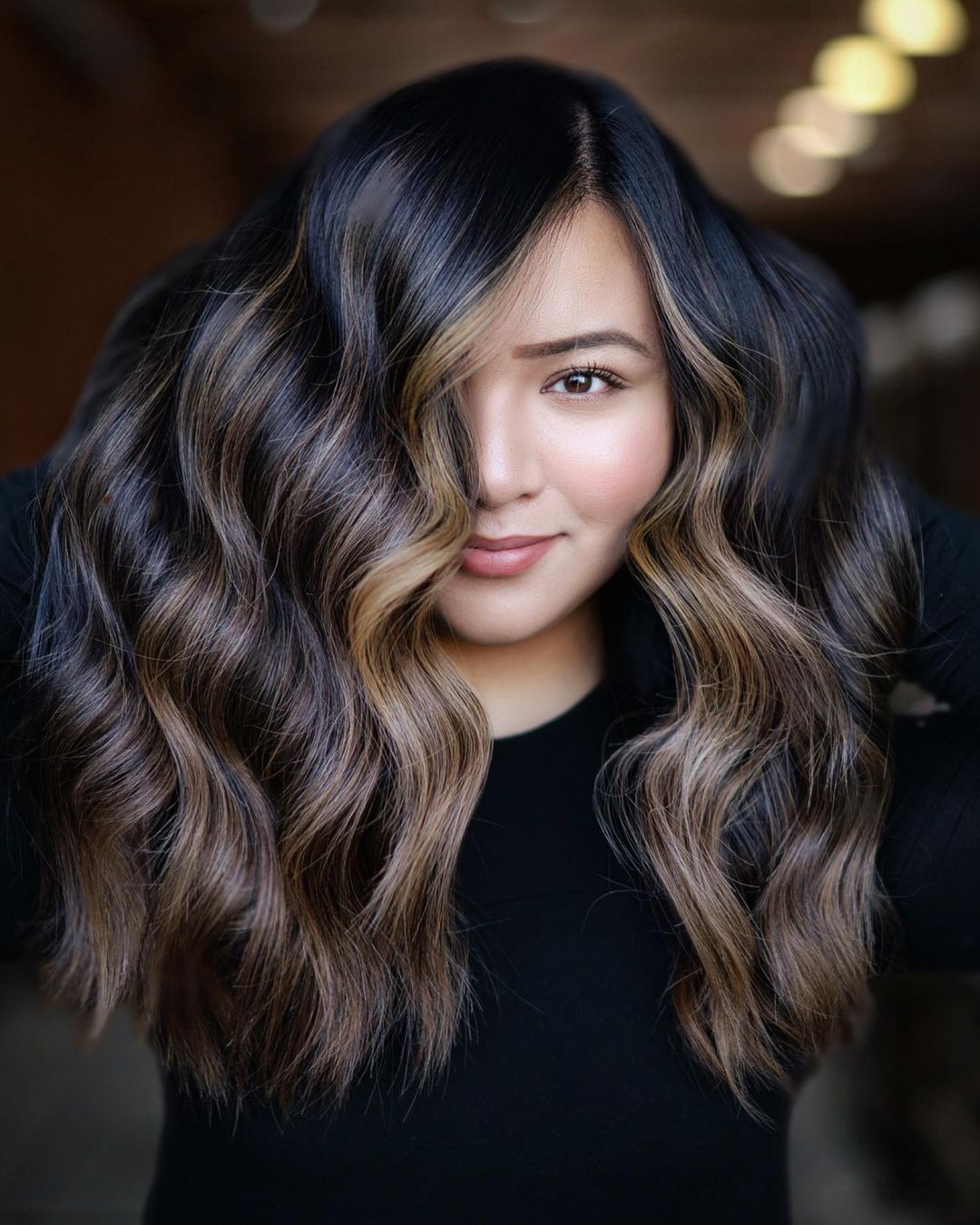 Long Wavy Black Hair with Copper Highlights