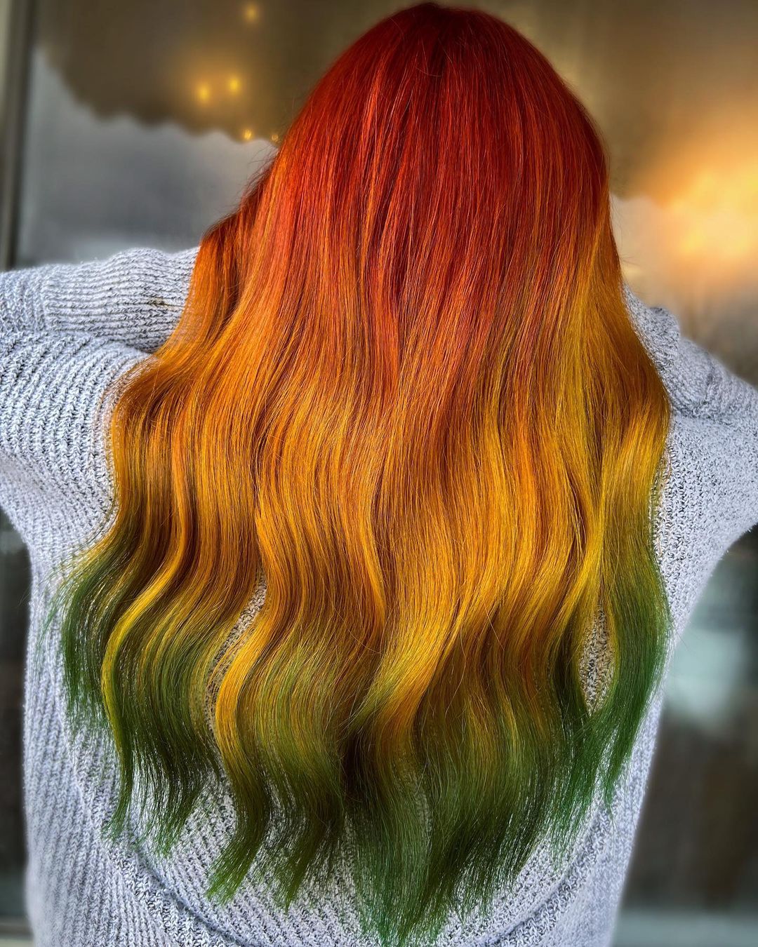 Red to Yellow to Green Reverse Ombre Hair