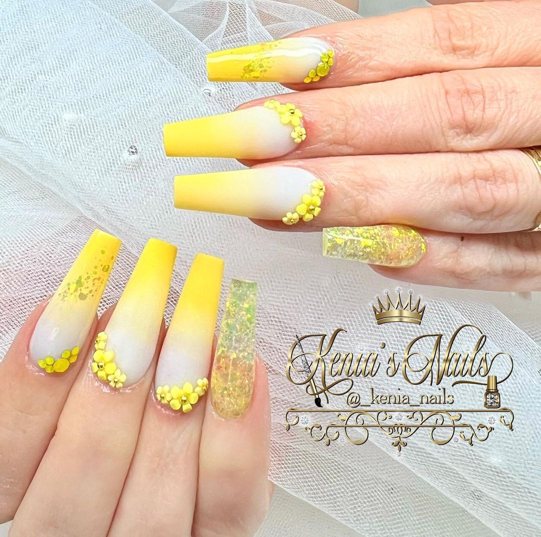 White to Yellow Ombre Nails with 3D Flowers Design