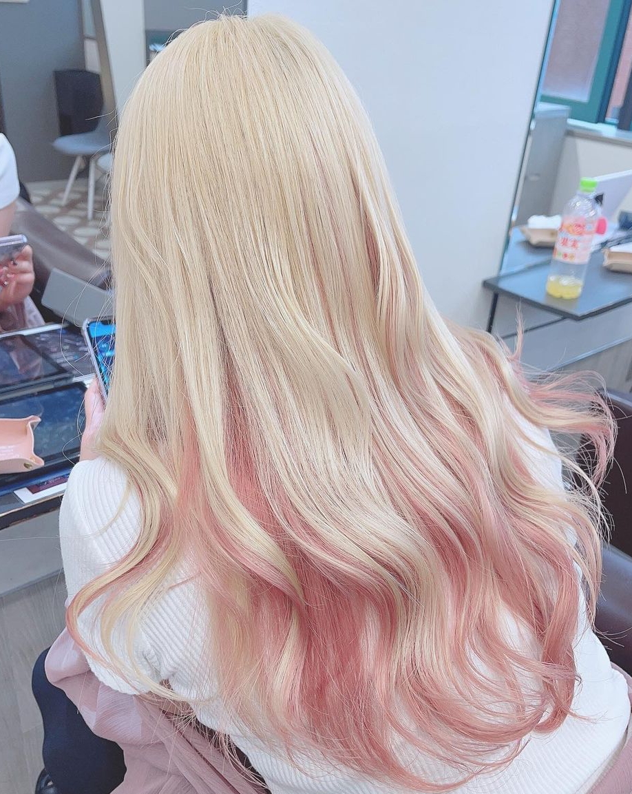 Blonde to Light Pink Reverse Ombre on Long Hair