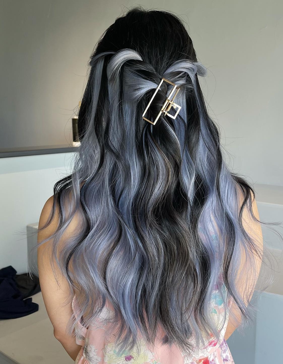 Long Black Hair with Blue and Gray Peekaboo Highlights