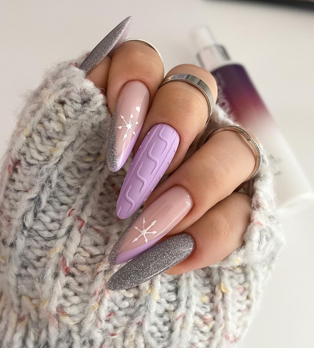 Long Round Nails with Purple 3D Sweater Design