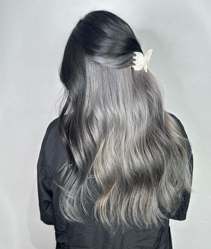 Silver peekaboo on Long Straight Black Hair