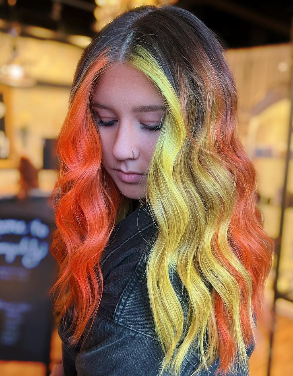 Black Straight Hair with Orange and Yellow Highlights