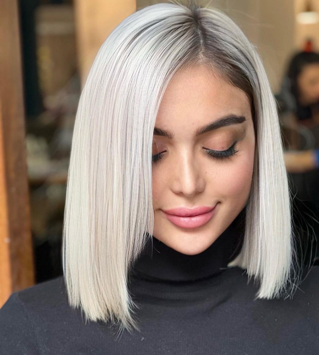 Silver Blonde with Dark Roots on Straight Bob Cut