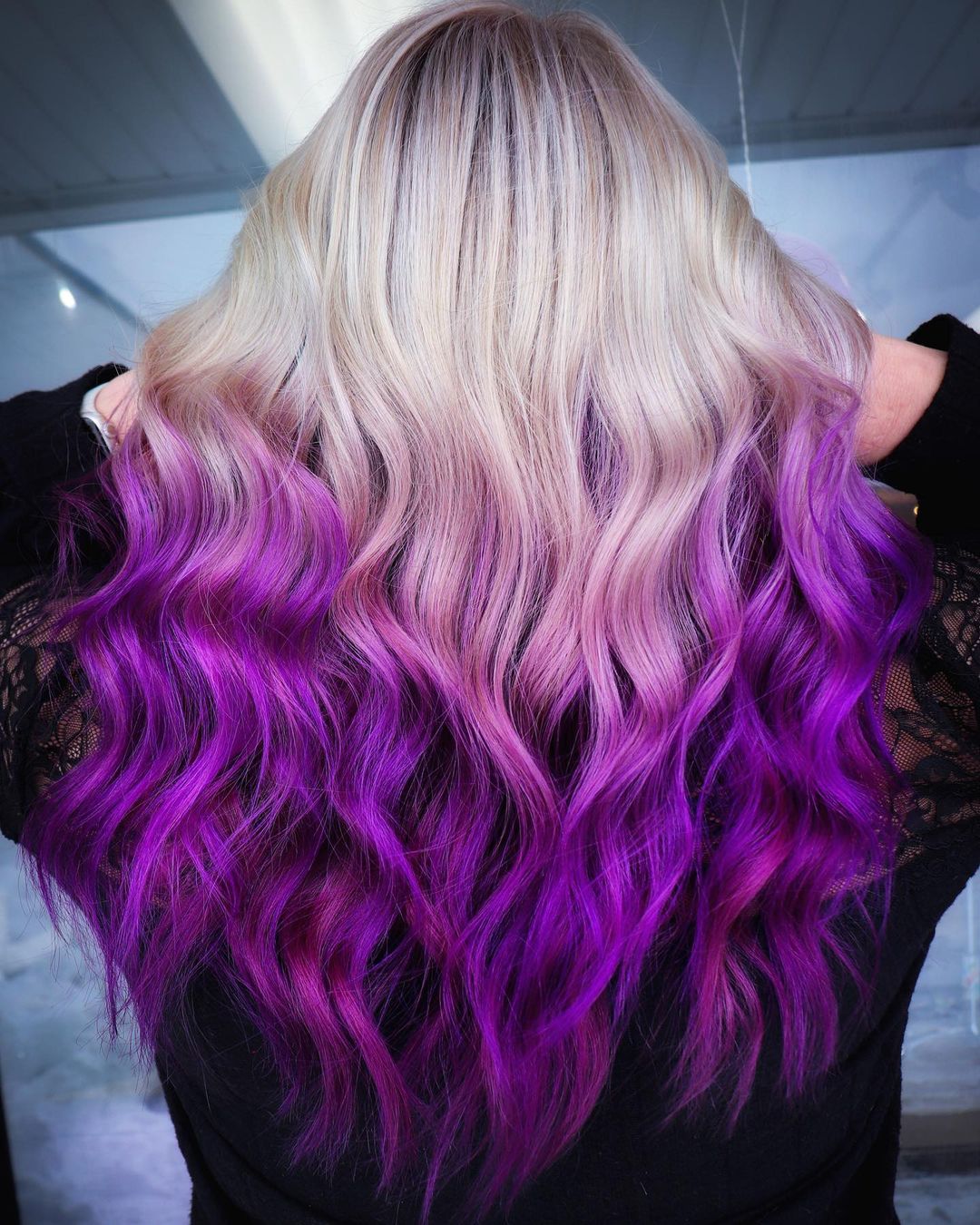 Blond to Purple Reverse Ombre on Long Wavy Hair