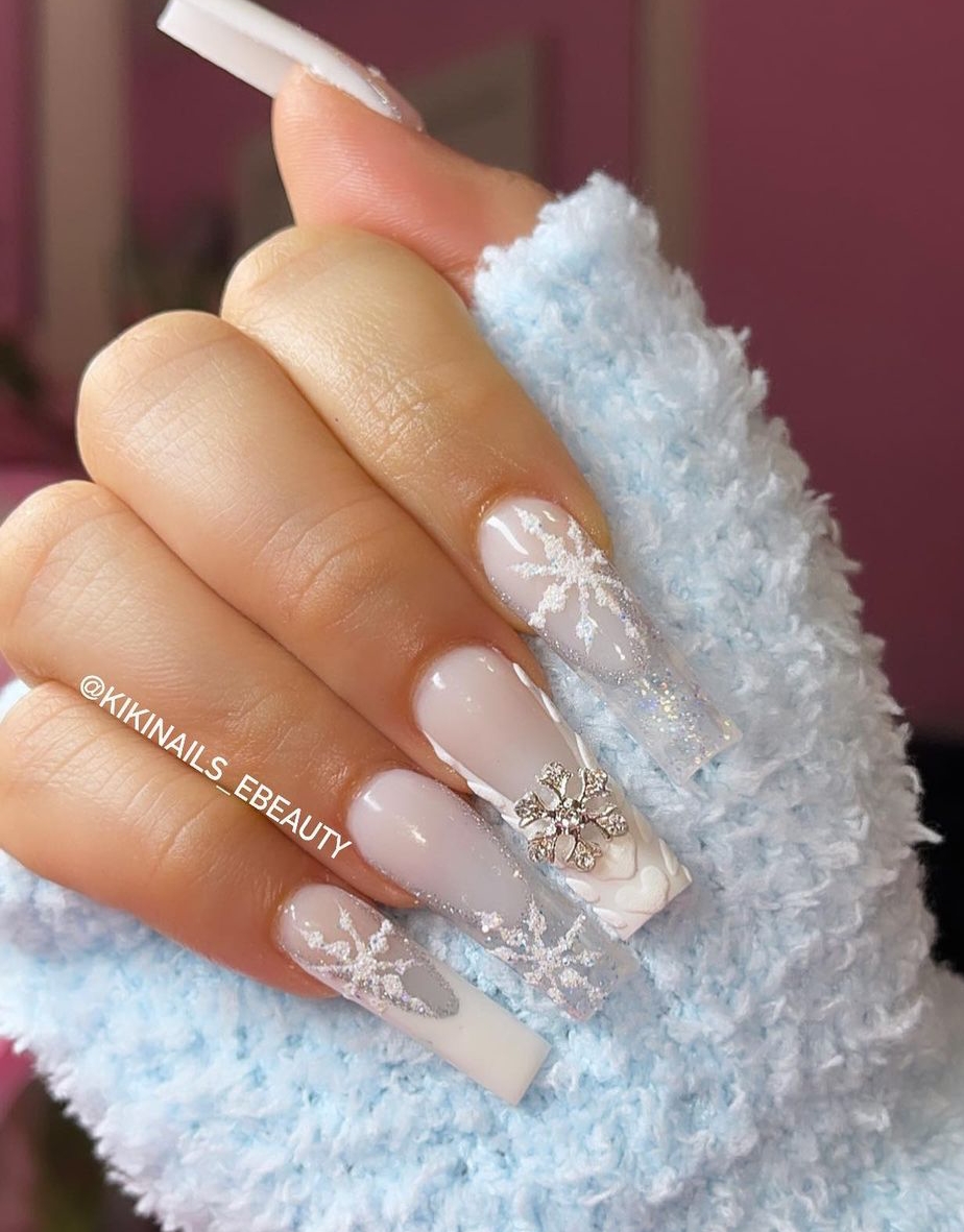 Long Square French Nails with 3D Snowflake Design