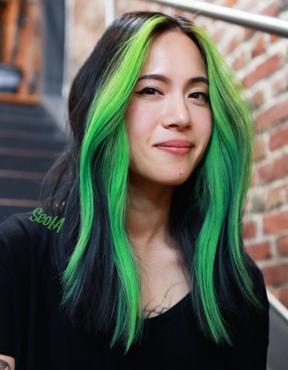 Lime Green Money Piece on Dark Hair