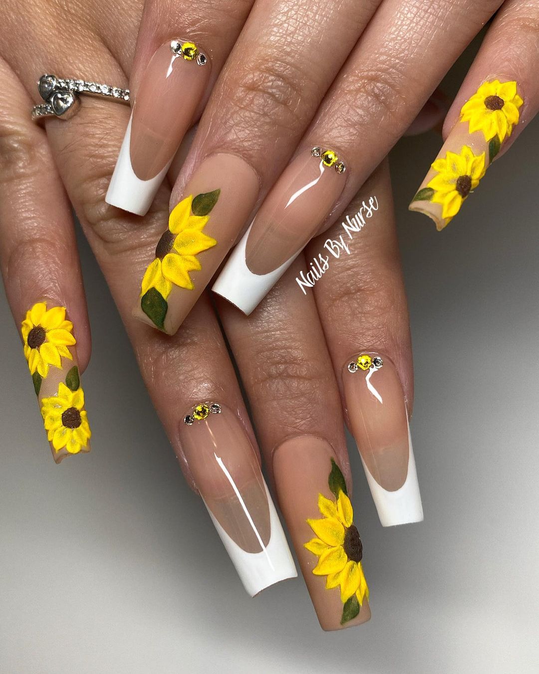 Long French Manicure with Sunflower