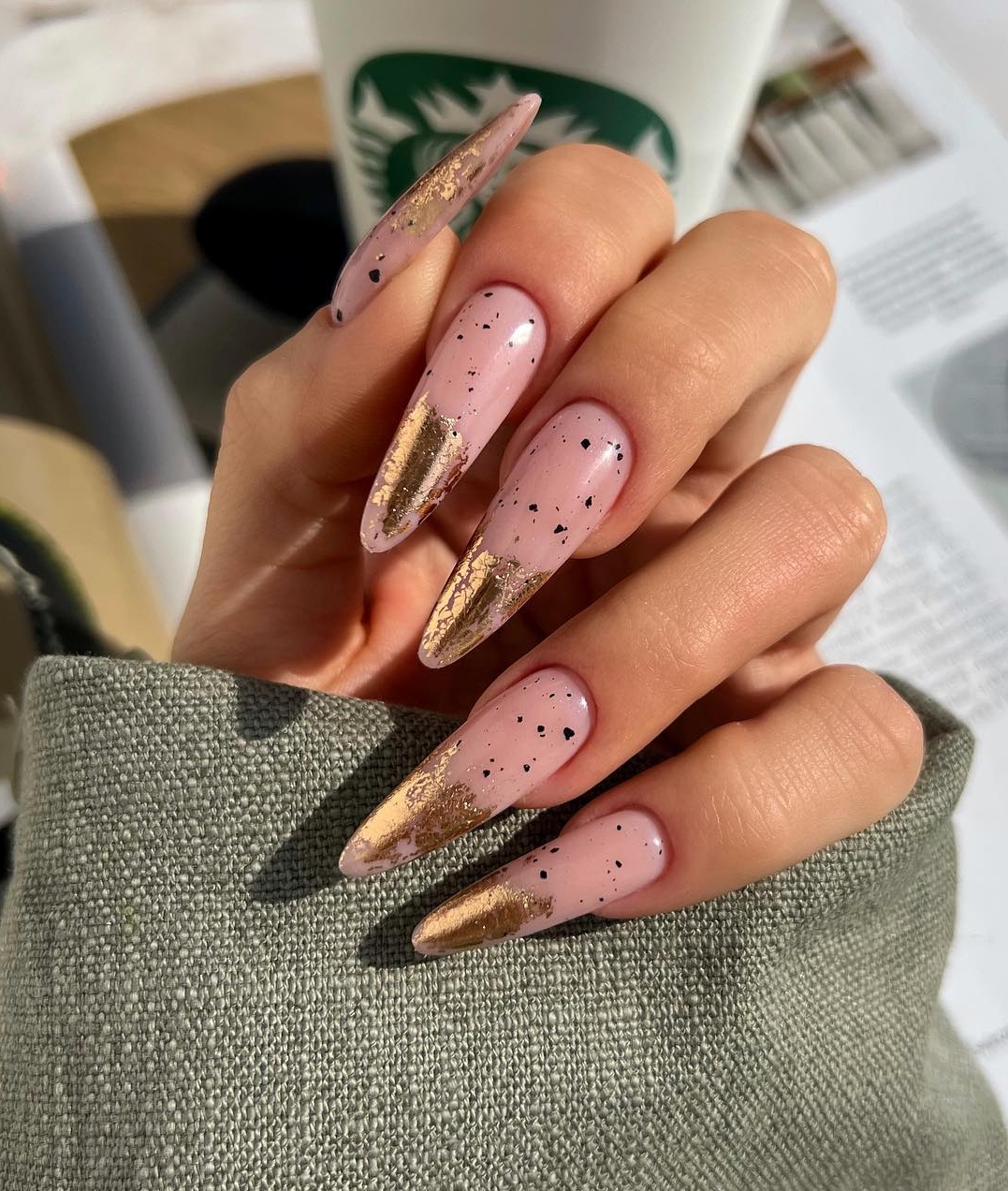 Long Nude Nails with Gold Tips