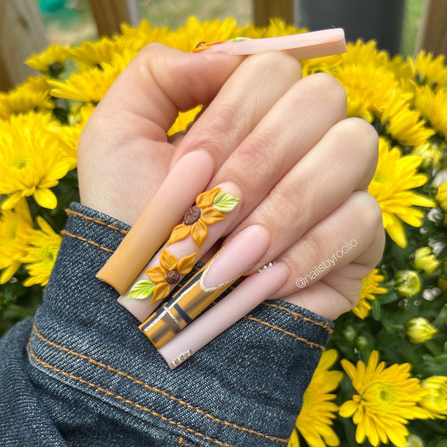 Long Nude Nails with 3D Sunflower Design